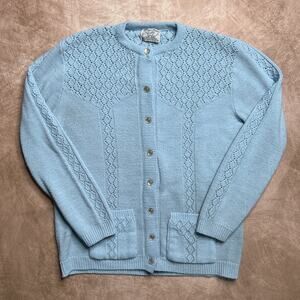 College Point Vintage 80s Blue Sweater Knit Cardigan Button Up Diamond Crochet